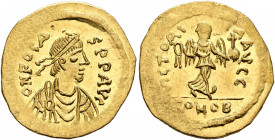 Phocas, 602-610. Semissis (Gold, 19 mm, 2.18 g, 6 h), Constantinopolis, 602-607. O N FOCAS P P AVG Pearl-diademed, draped and cuirassed bust of Phocas...