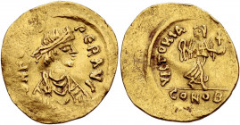 Phocas, 602-610. Semissis (Gold, 18 mm, 2.19 g, 6 h), Constantinopolis, 607-610. δ N FOCAS PЄR AVG Pearl-diademed, draped and cuirassed bust of Phocas...