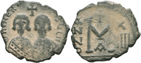 Revolt of the Heraclii, 608-610. Follis (Bronze, 29 mm, 8.46 g, 6 h), Alexandretta, IY 13 = AD 609 . δmN ЄRAC[LIO CON]SULII Bare-headed and bearded bu...