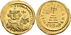 Heraclius, with Heraclius Constantine, 610-641. Solidus (Gold, 22 mm, 4.31 g, 6 h), Constantinopolis, circa 616-625. dd NN hERACLIЧS ET hERA CONST P P...