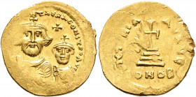 Heraclius, with Heraclius Constantine, 610-641. Solidus (Gold, 21 mm, 4.46 g, 7 h), Constantinopolis, circa 616-625. [dd NN hERACLIЧS E]T hERA CONST P...