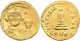 Heraclius, with Heraclius Constantine, 610-641. Solidus (Gold, 20 mm, 4.47 g, 7 h), Constantinopolis, circa 616-625. dd NN hERA]CLIЧS ET hERA C[...] C...