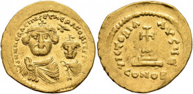 Heraclius, with Heraclius Constantine, 610-641. Solidus (Gold, 20 mm, 4.30 g, 6 h), Constantinopolis, circa 616-625. dd NN hERACLIЧS ET hERA CONST P P...