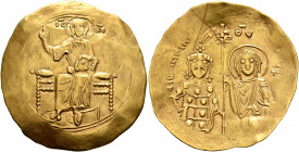 John II Comnenus, 1118-1143. Hyperpyron (Gold, 30 mm, 4.05 g, 6 h), Constantinopolis. Christ, nimbate, seated facing on throne without back, wearing p...
