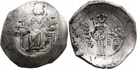John II Comnenus, 1118-1143. Aspron Trachy (Billon, 28 mm, 4.19 g, 6 h), Thessalonica. The Virgin enthroned facing, nimbate and wearing pallium and ma...