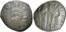 Manuel I Comnenus, 1143-1180. Aspron Trachy (Bronze, 21 mm, 1.12 g, 6 h), Constantinopolis, circa 1160-1164. The Virgin enthroned facing, nimbate and ...