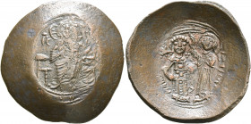 Manuel I Comnenus, 1143-1180. Trachy (Bronze, 30 mm, 4.54 g, 6 h), Constantinopolis. Christ seated facing on throne with back, wearing pallium and col...