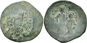 Alexius III Angelus-Comnenus, 1195-1203. Trachy (Bronze, 25 mm, 2.95 g, 6 h), Constantinopolis. +ΚЄ ROHΘЄI Draped bust of Christ facing, nimbate, rais...