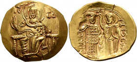 John III Ducas (Vatatzes), emperor of Nicaea, 1222-1254. Hyperpyron (Gold, 26 mm, 4.41 g, 6 h), Magnesia. Christ, nimbate, seated facing on throne, we...