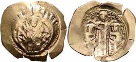 Andronicus II Palaeologus, with Michael IX, 1282-1328. Hyperpyron (Electrum, 27 mm, 3.84 g, 5 h), Constantinopolis, 1294-1320. Bust of Virgin Mary, or...