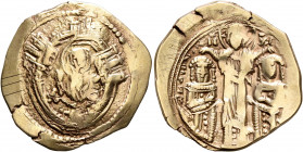 Andronicus II Palaeologus, with Michael IX, 1282-1328. Hyperpyron (Electrum, 24 mm, 3.80 g, 6 h), Constantinopolis, 1294-1320. Bust of Virgin Mary, or...