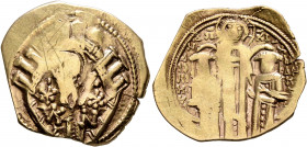 Andronicus II Palaeologus, with Michael IX, 1282-1328. Hyperpyron (Electrum, 24 mm, 4.11 g, 6 h), Constantinopolis, 1294-1320. Bust of Virgin Mary, or...