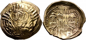 Andronicus II Palaeologus, with Michael IX, 1282-1328. Hyperpyron (Electrum, 24 mm, 4.00 g, 6 h), Constantinopolis, 1294-1320. Bust of Virgin Mary, or...