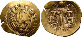 Andronicus II Palaeologus, with Andronicus III, 1282-1328. Hyperpyron (Electrum, 25 mm, 3.67 g, 6 h), Constantinopolis. Bust of Virgin Mary, orans, wi...