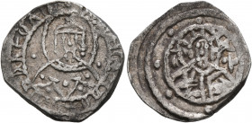 Manuel II Palaeologus, 1391-1425. Quarter Stavraton (Silver, 18 mm, 3.33 g, 6 h), Constantinopolis, 1403-1425. Nimbate bust of Christ facing flanked b...