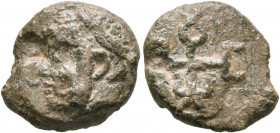 Uncertain, 6th century. Seal (Lead, 15 mm, 3.06 g). Diademed and bearded male head to left. Rev. Monogram containing ૪, C, Δ, Ⲱ and an uncertain lette...