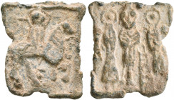 Uncertain, circa 6th-7th century. Amulet (Lead, 14x18 mm, 2.60 g, 12 h). Nimbate saint on horseback to right, holding cruciform scepter. Rev. Pillar-s...