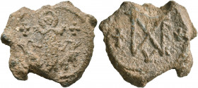 Abramios, patrikios (?), 6th-7th century. Seal (Lead, 27 mm, 10.82 g, 12 h). The martyrdom of Saint Thekla: female figure standing facing, nimbate, ra...