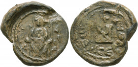 Damianos, 6th century. Seal (Lead, 22 mm, 9.26 g, 12 h). [H AΓI]A-[M]/A/P/I/A The Mother of God enthroned facing, holding Christ in front of her. Rev....