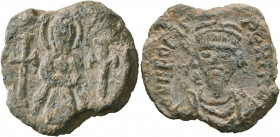 Phocas, 602-610. Seal (Lead, 26 mm, 15.48 g, 1 h). The Mother of God, nimbate, standing facing, wearing chiton and mapharion, holding Christ with both...