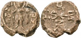 Zacharias, archbishop of Leontopolis, 680-692. Seal (Lead, 25 mm, 11.70 g, 12 h). O / AΓ/IO/C - K/O[N]/Ⲱ/N Saint Konon standing facing, nimbate, holdi...