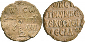Konstantinos, imperial vestitor and kommerkiarios of Thessalonica, 9th century. Seal (Lead, 27 mm, 11.71 g, 12 h). Cruciform monogram of ΘЄOTOKЄ BOHΘЄ...