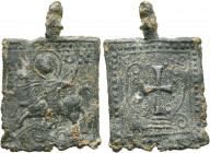 Uncertain, circa 9th-10th centuries. Pendant (Lead, 23 mm, 4.14 g, 12 h). Nimbate military saint on horseback left, spearing coiled serpent with a cru...