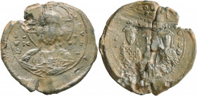 Basil II Bulgaroktonos, with Constantine VIII, 976-1025. Seal (Lead, 32 mm, 15.07 g, 12 h). +ЄΜ[ΜΑ-]ΝΟVΗΛ / IC - XC Bust of Christ Pantokrator facing,...