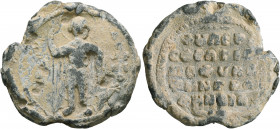 Anonymous, 11th century. Seal (Lead, 28 mm, 12.60 g, 12 h). ... - Γ/Є/ⲰP/ΓI/O/C Saint George, nimbate, standing facing, holding spear in his right han...