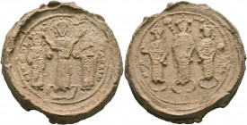 Romanus IV Diogenes, with Eudocia, Michael VII, Constantius, and Andronicus, 1068-1071. Seal (Lead, 34 mm, 34.77 g, 1 h), 1068-1071. +P[ⲰMAN] S - IC -...