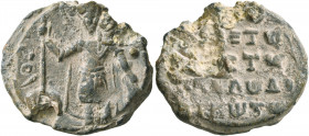 Philaretos Brachamios, sebastos and grand domestikos, 1070-1080. Seal (Lead, 24 mm, 10.58 g, 12 h). [O] / A/ΓI/O, - [...] Saint Theodore, nimbate, sta...