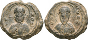 Anonymous, 11th century. Seal (Lead, 19 mm, 8.06 g, 11 h). Θ / N/I-K/O/Λ Nimbate facing bust of Saint Nicholas, raising his right hand in benediction ...