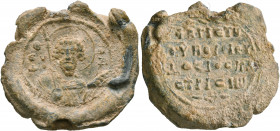 Theodosios, kastresios, 11th century. Seal (Lead, 31 mm, 22.40 g, 12 h). Θ / ΘV/ΔO-PV Nimbate facing bust of Saint Theodore, holding spear over his ri...