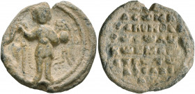 Konstantinos Arsakides, magistros, 2nd half of 11th century. Seal (Lead, 22 mm, 6.47 g, 12 h). M-X St. Michael, nimbate, standing facing, holding scep...