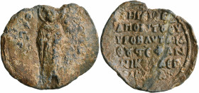 Stephanos Xanthos, last third of 12th-early 13th century. Seal (Lead, 40 mm, 20.58 g, 12 h). O / A/ΓI/OC - [NI/KO/ΛA/OC] Saint Nicholas, standing faci...
