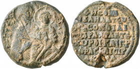 Michael Atzumes, koiaistor, circa 1315-1319. Seal (Lead, 22 mm, 11.69 g, 12 h). MHP-[Θ]V H / A/NO/I/A (?) - IC/XC Half-length bust of the Mother of Go...