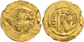 LOMBARDS, Lombardy & Tuscany. Aripert II, 700-712. Tremissis (Gold, 20 mm, 1.32 g, 6 h). [D N AR]IPЄR PX Diademed, draped and cuirassed bust of Ariper...