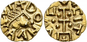 MEROVINGIANS. Quentovic. Circa 620-640. Tremissis (Gold, 12 mm, 1.24 g, 6 h), Donna, moneyer. DONNA[...] Diademed male head to right. Rev. VVCVS FIT C...