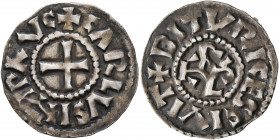 CAROLINGIANS. Charles le Chauve (the Bald), as Emperor Charles II, 875-877. Denier (Silver, 20 mm, 1.69 g, 5 h), Bourges, 876-877. ✠ CAROLVS IMP ΛVC C...