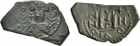 ISLAMIC, Time of the Rashidun. Pseudo-Byzantine types. Fals (Bronze, 17x31 mm, 5.34 g, 6 h), imitating a follis of Constans II, uncertain mint, circa ...