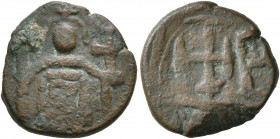 ISLAMIC, Time of the Rashidun. Pseudo-Byzantine types. Fals (Bronze, 16 mm, 3.23 g, 10 h), Arab-Byzantine type, imitating a dodekanummia of Constans I...