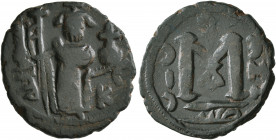 ISLAMIC, Umayyad Caliphate. temp. Mu'awiya I ibn Abi Sufyan, AH 41-60 / AD 661-680. Fals (Bronze, 21 mm, 3.37 g, 5 h), Arab-Byzantine type, Hims. Impe...