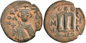 ISLAMIC, Umayyad Caliphate. temp. Mu'awiya I ibn Abi Sufyan, AH 41-60 / AD 661-680. Fals (Bronze, 20 mm, 3.35 g, 7 h), Arab-Byzantine type, Hims. Impe...
