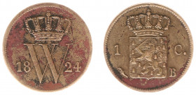 Koninkrijk NL Willem I (1815-1840) - 1 Cent 1824 B (Sch.341/RRR) - ZF, deels met zwart en rood bodembeslag - 21,83 à 21,89 mm 3,76 gram - In de jaren ...