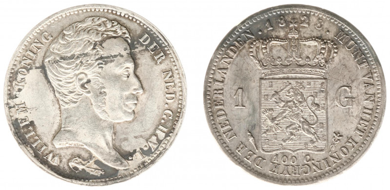 Koninkrijk NL Willem I (1815-1840) - 1 Gulden 1828 U (Sch. 265/R) - vz. vlekkig ...