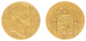 Koninkrijk NL Willem II (1840-1849) - 5 Gulden 1843 (Sch. 503/RR) - Goud - FR, duidelijk montagespoor - zeer zeldzaam (slechts 1.595 stuks geslagen)