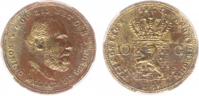 Koninkrijk NL Willem III (1849-1890) - 10 Gulden 1875 - Proefslag op een verguld kartonnen muntplaatje van muntstempels van het 10-guldenstuk in een v...
