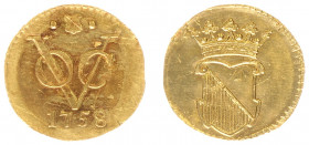 Verenigde Oost-Indische Compagnie (1602-1799) - Utrecht - 1/2 Duit 1758 AFSLAG IN GOUD met kabelrand (KM 112.1b / Scho. 424 R4) - 1.71 gram - VZ VOC m...