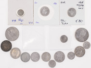 Doosje munten koninkrijk wb. 5 en10 cent 1828 B, 10 cent 1849 WIII, 25 cent 1893 (PR-) en 1 gulden 1916