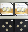 Doos met 2x 'Combinatieset 2 Euro 2014' met vier maal de 2 Euro Koningsdubbelportret in Proof, waarvan drie met een gekleurd kroontje in rood, wit en ...